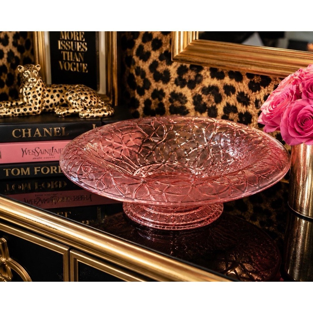 Vintage Imperial Glass Tree of Life Pink Console Bowl #675 Rose Marie 1930s 11"